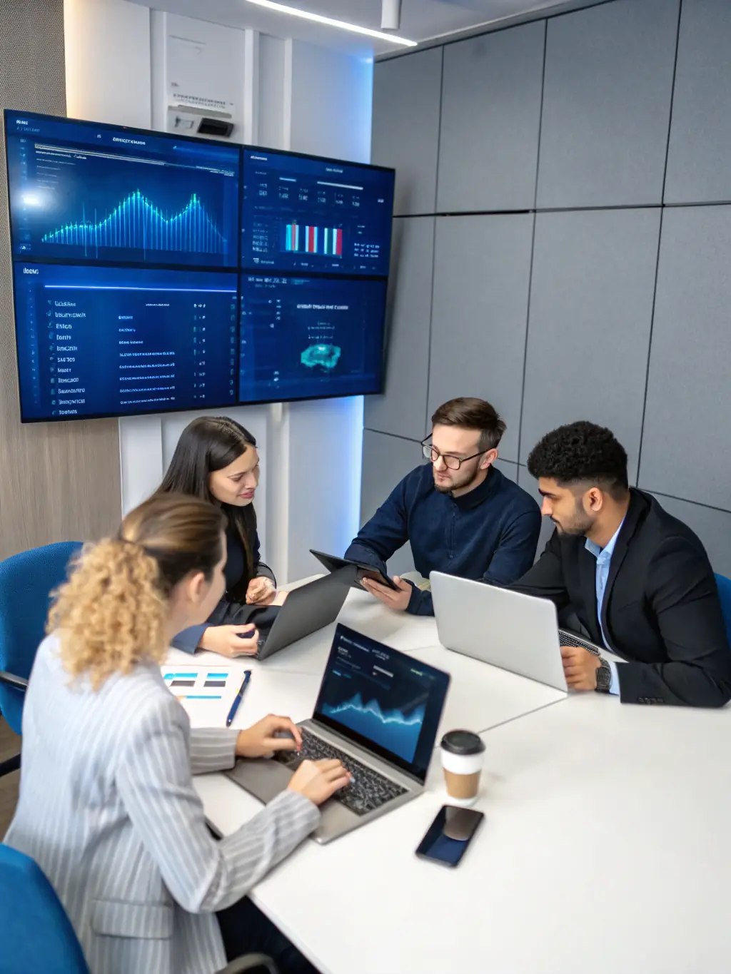 A diverse team collaborating on an AI project, showcasing the human element in AI development and the importance of teamwork in innovation.