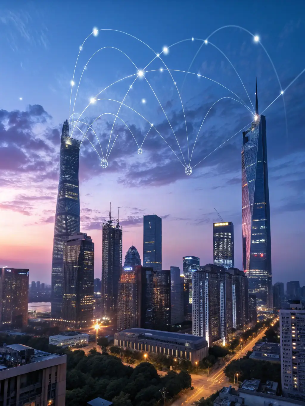 A futuristic cityscape with holographic AI interfaces overlaid, representing the cutting edge of AI technology and its integration into urban environments.