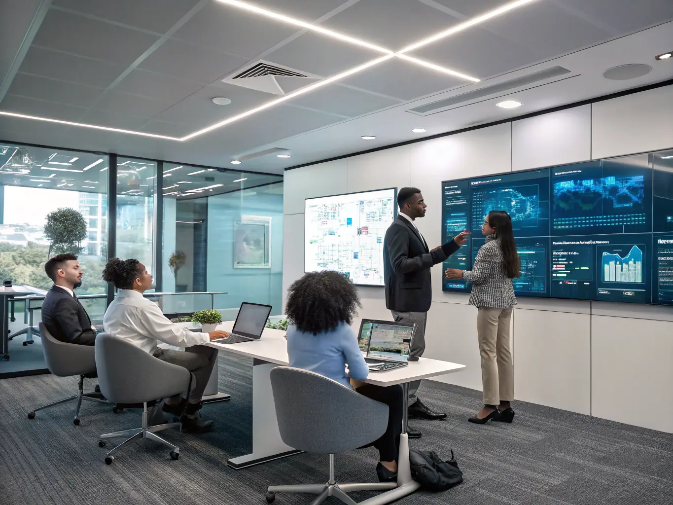 A diverse team of professionals collaborating around a holographic display showing data analytics and AI-driven insights, emphasizing the decision-making benefits of AI.