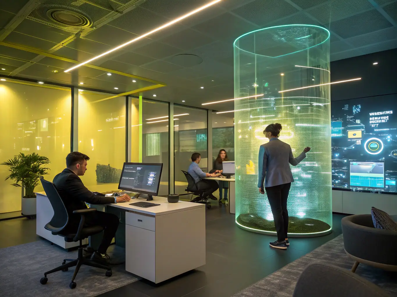 A futuristic office environment with AI-powered robots assisting employees, showcasing the automation capabilities of AI in a modern workplace.
