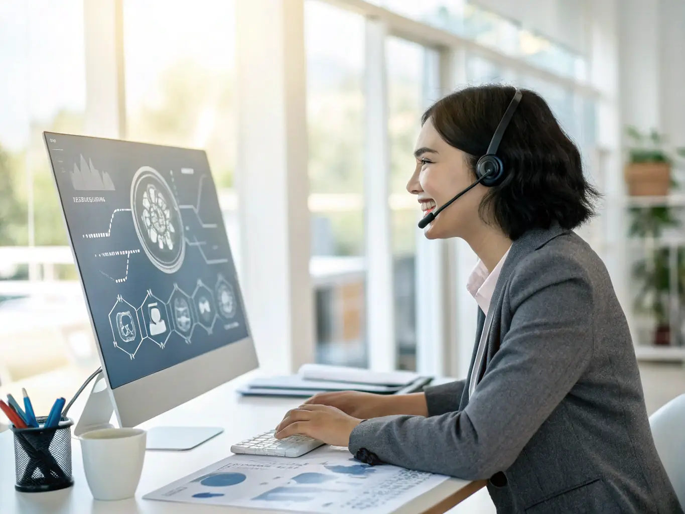 A customer service representative using AI-powered chatbots to assist customers, highlighting the improved customer experience and efficiency gains.