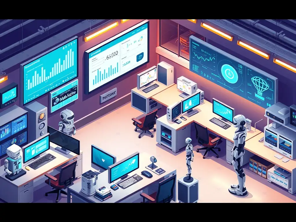 A futuristic office setting where AI-powered robots are assisting employees with various tasks, symbolizing the automation of routine processes.