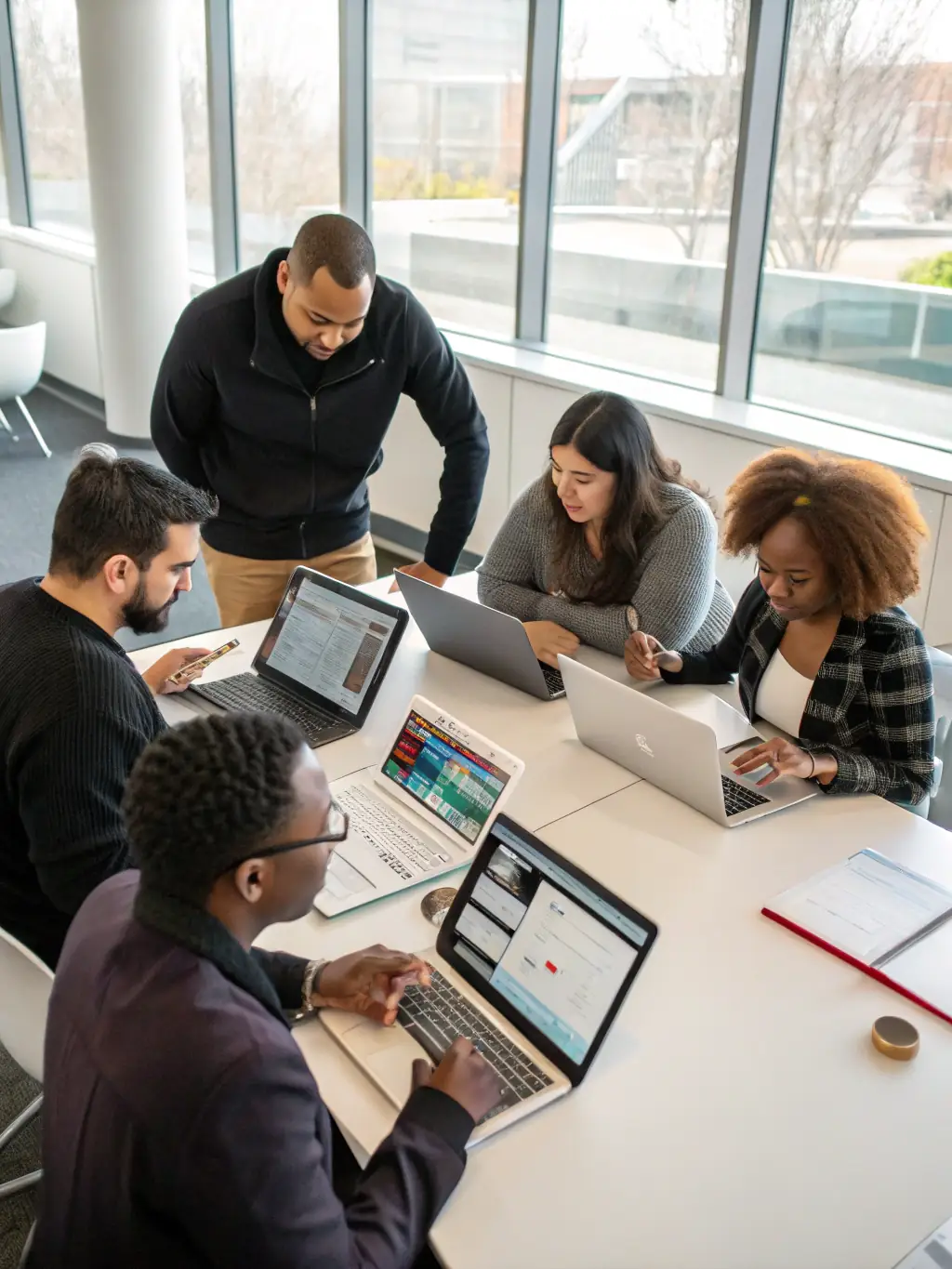 A professional office setting with diverse team members collaborating on an AI implementation strategy, showcasing a project management dashboard on a large screen.