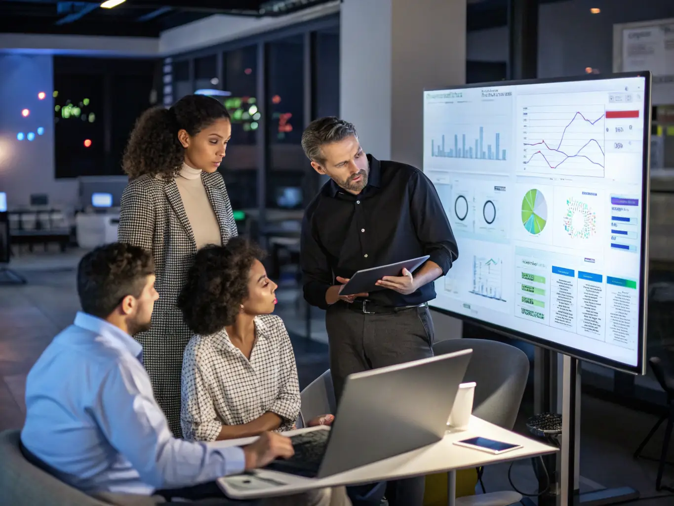 A diverse team of professionals collaborating around a large screen displaying AI-driven analytics, showcasing the integration of AI in business operations.