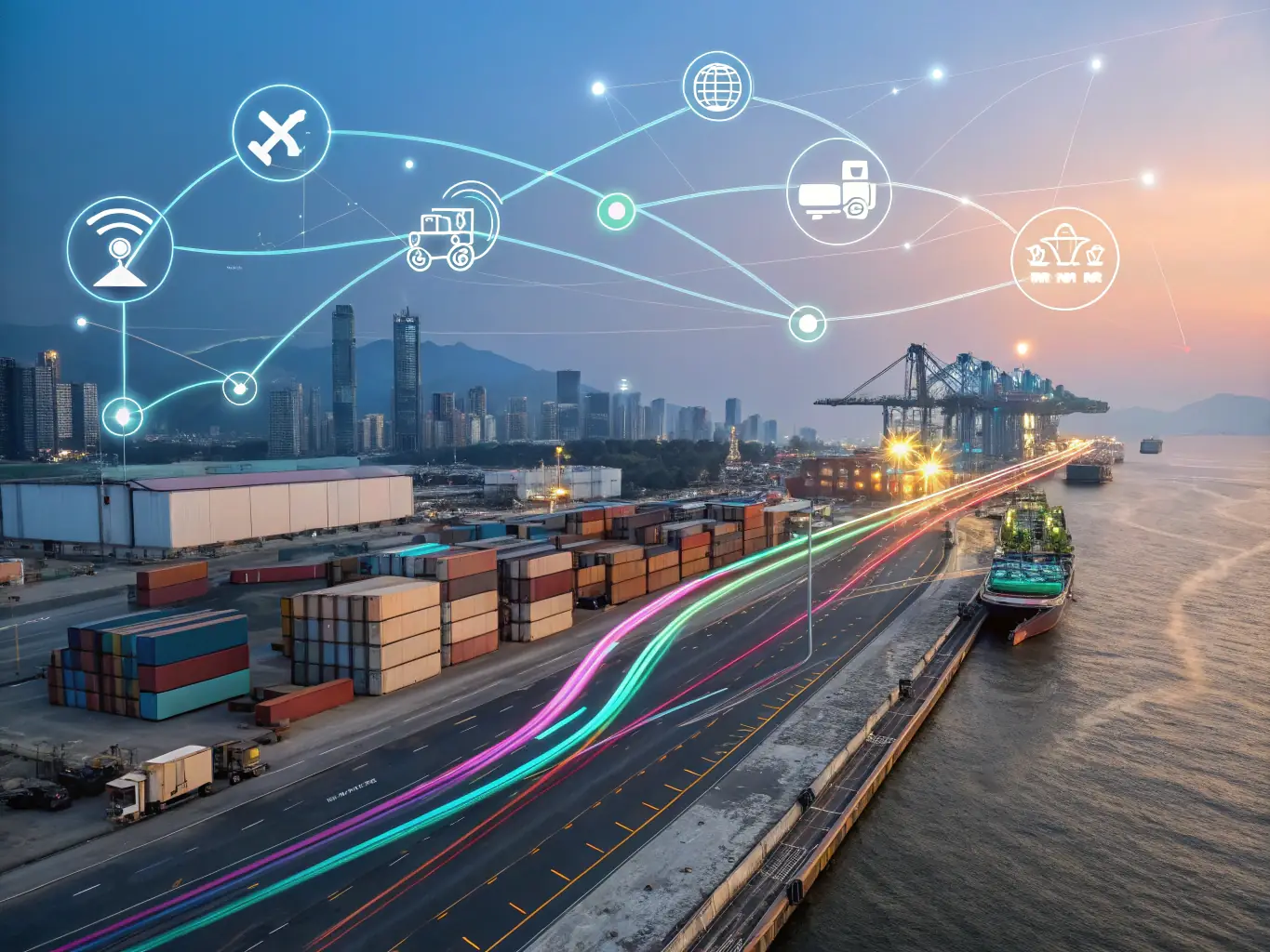 A sophisticated AI algorithm optimizing a supply chain network on a digital interface, illustrating the efficiency gains in logistics and operations.